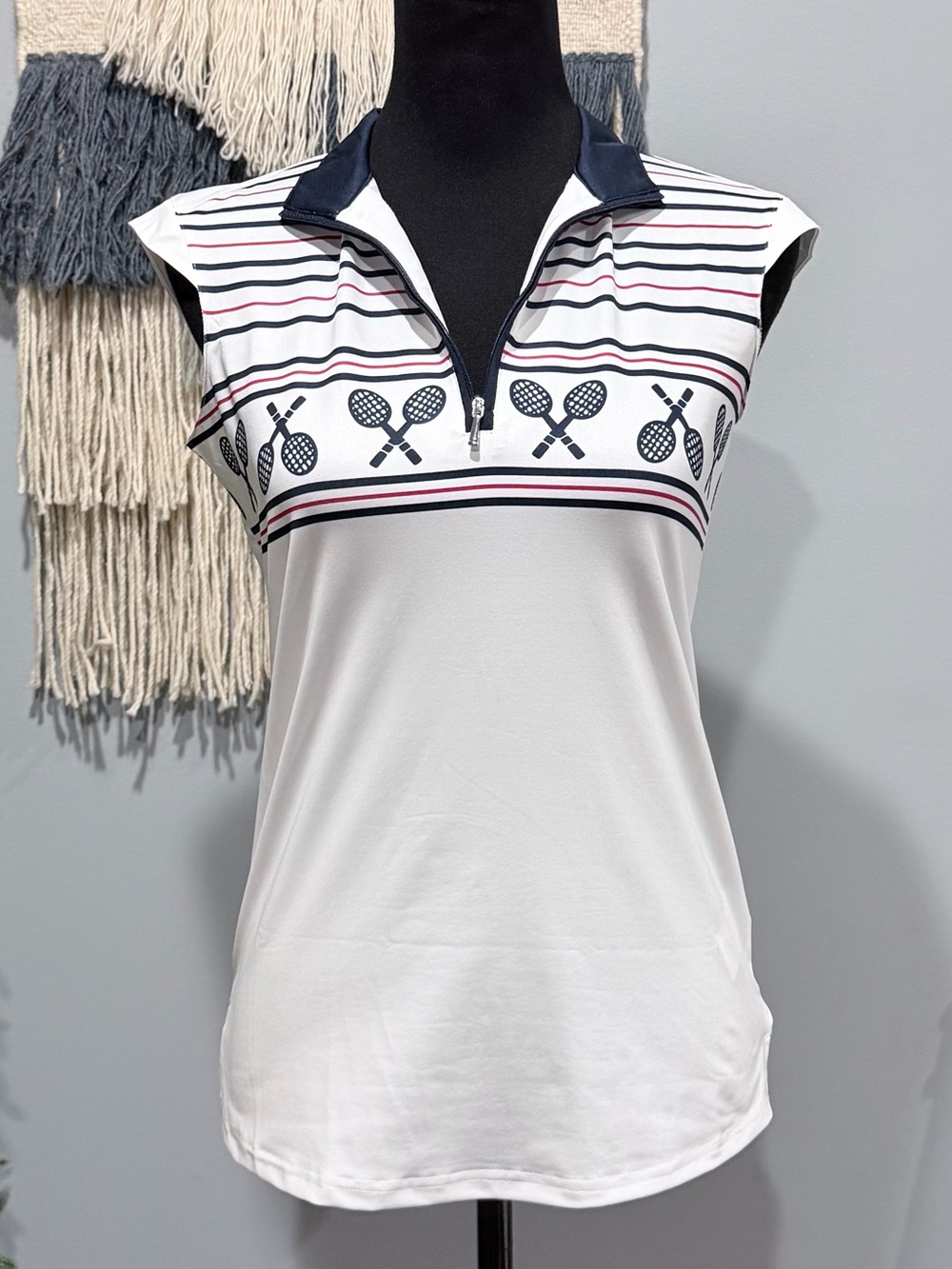 SanSoleil UPF 50 Tennis Golf Sleeveless Quarter Zip Top White Navy XS